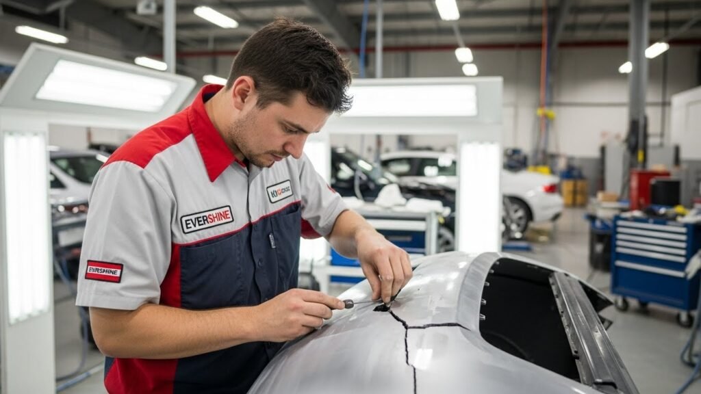 Plastic car bumper repair performed by professional technicians