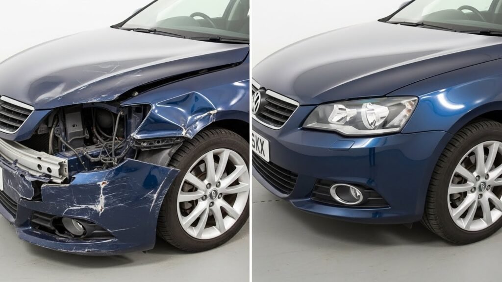 Before and after accident damage repair on a car