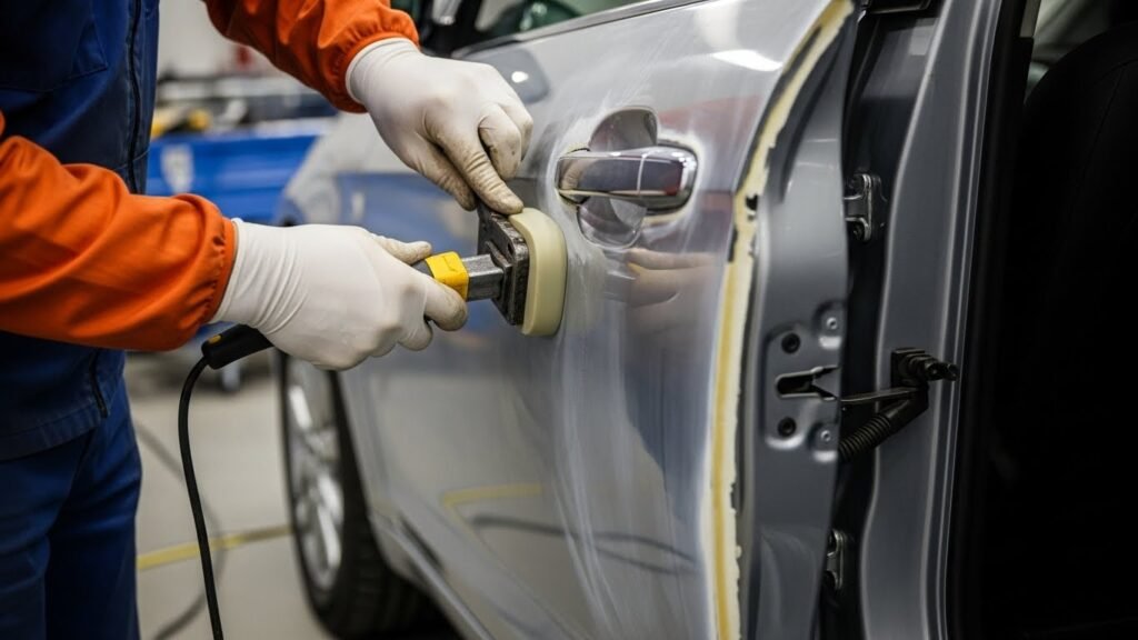 Car body panel repair in progress by professionals